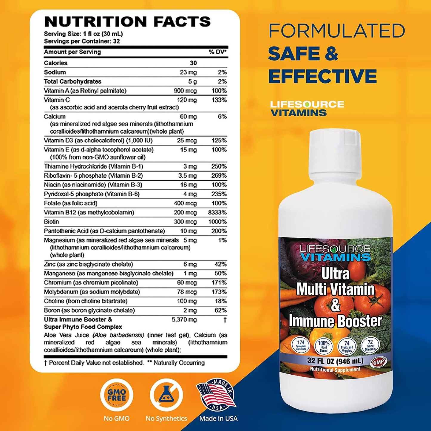 LifeSource Vitamins Ultra Multi Vitamin and Immune Booster Liquid: Vegan -174 Synergistically Blended Nutrients, 100% Plant Based Whole Foods for both Men and Women, 32fl oz (946mL)