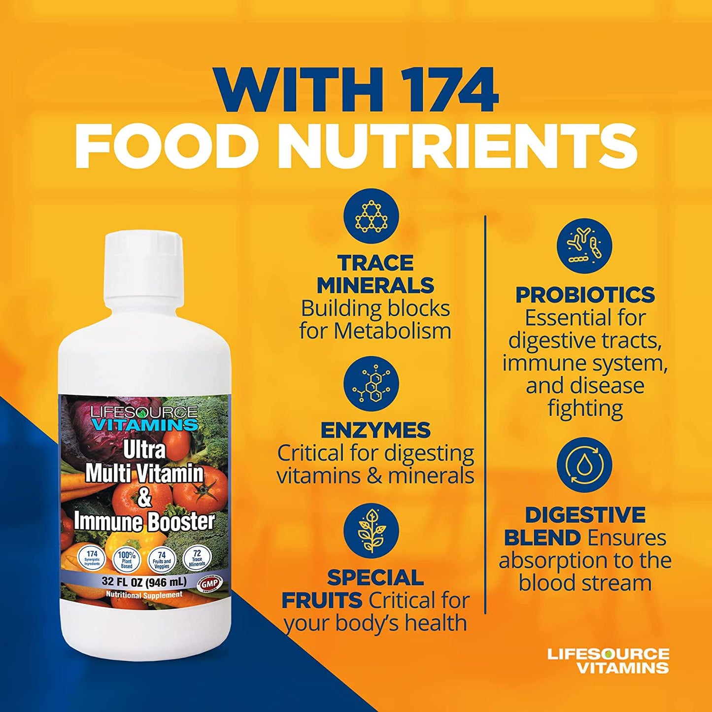 LifeSource Vitamins Ultra Multi Vitamin and Immune Booster Liquid: Vegan -174 Synergistically Blended Nutrients, 100% Plant Based Whole Foods for both Men and Women, 32fl oz (946mL)