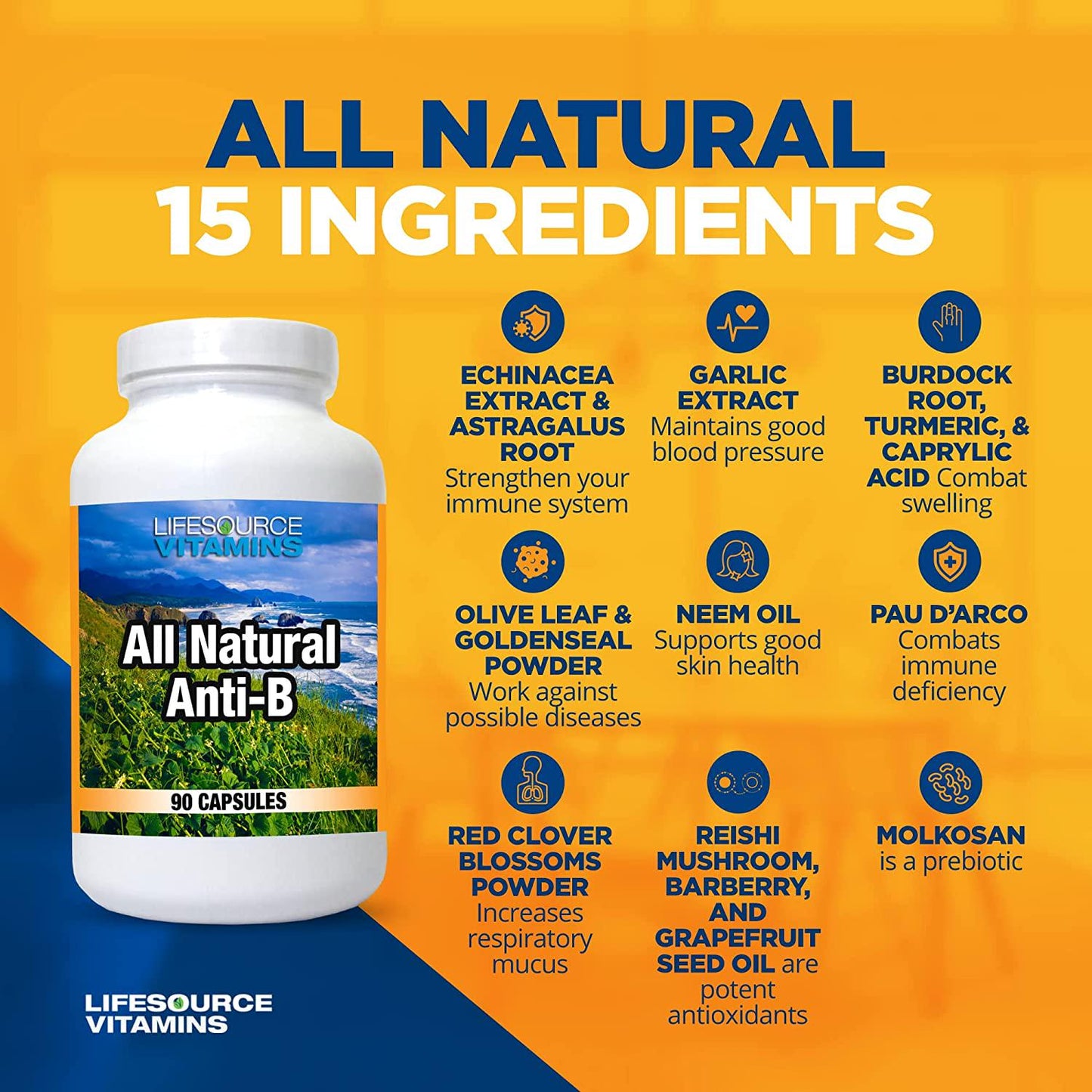 LifeSource Vitamins All Natural Anti-B for Immune Support, All Natural Wellness Formula with Echinacea and Garlic Extract, 90 Immune Defense Capsules