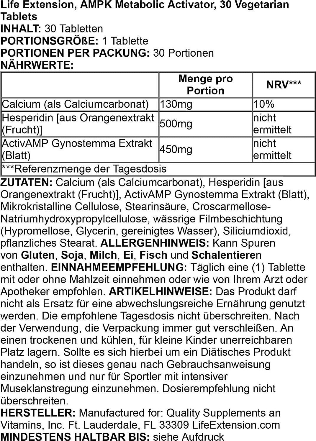 Life Extension AMPK Metabolic Activator - For Weight Management, Healthy Cellular Metabolism - Helps Burn Fat - Gluten free, Non-GMO, 30 Vegetarian Tablets