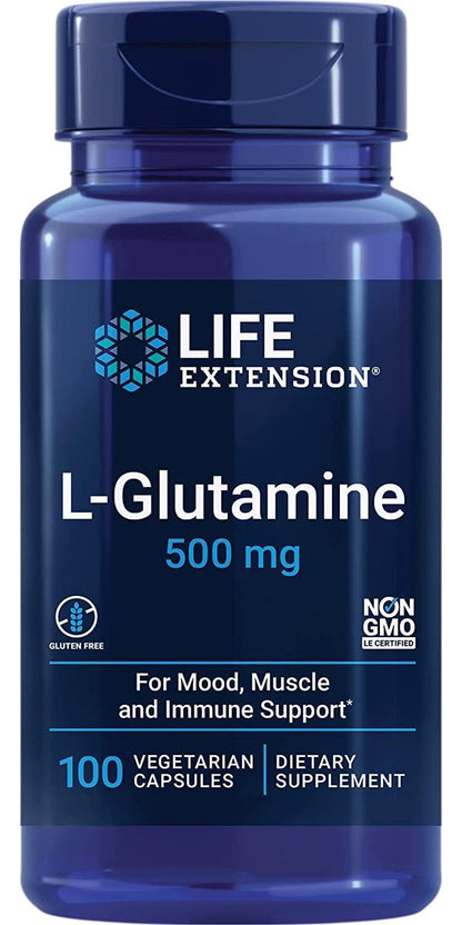 Life Extension L-Glutamine 500mg - For Muscle, Energy, Gut and Immune Health Support - Amino Acid Supplement Pills Gluten-Free, Vegetarian, Non-GMO 100 Capsules