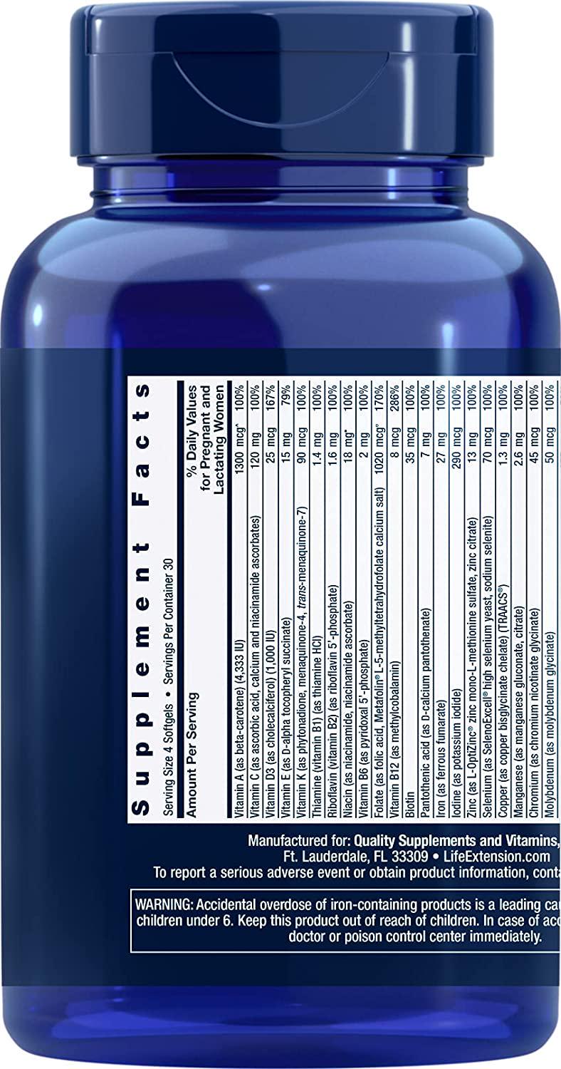 Life Extension Prenatal Advantage | Choline + Folic Acid + Dha | Complete Prenatal Multivitamin 120 Softgels