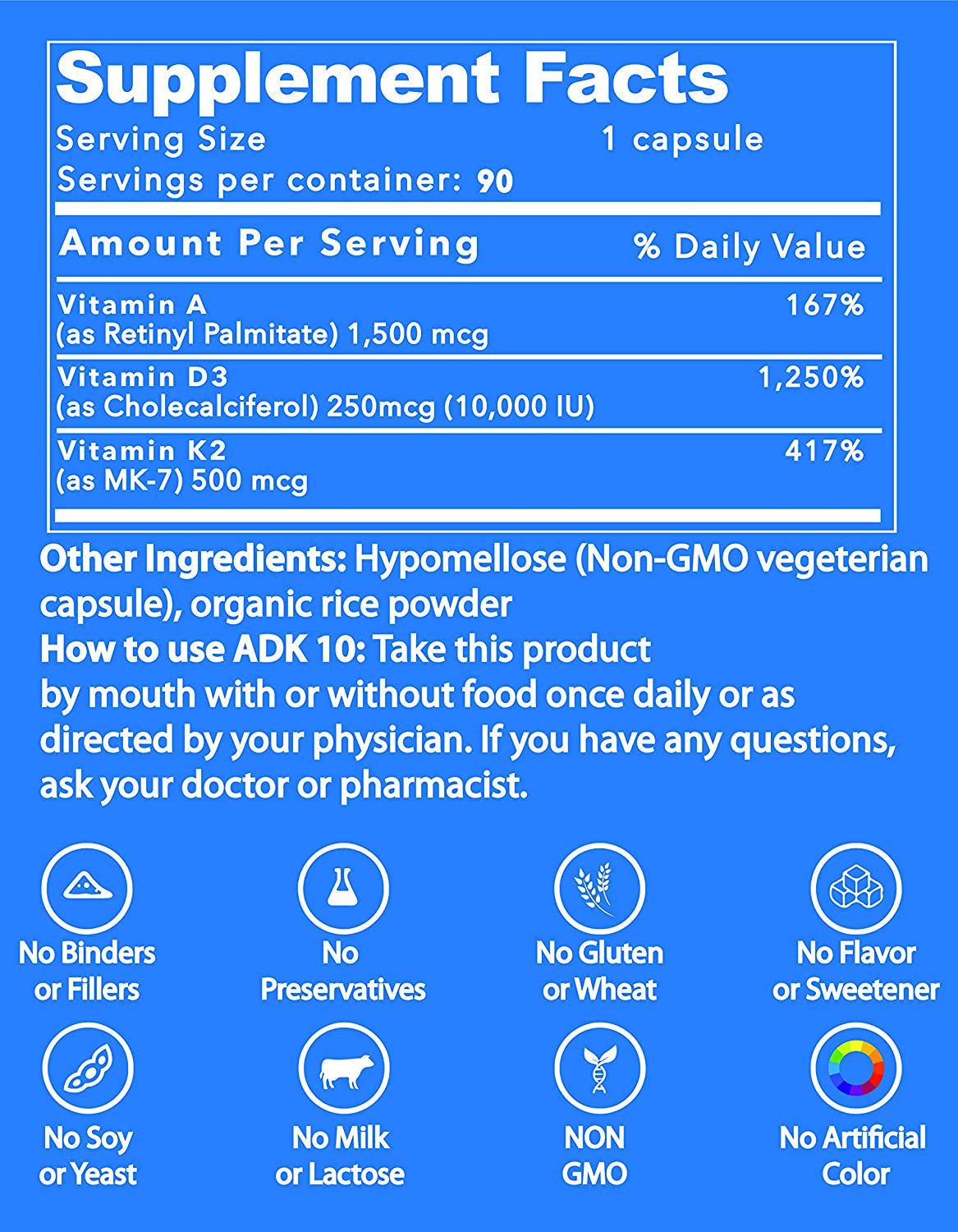 Life Strength ADK 10 Double Strength 90 CT Physician Formulated Vitamins A1, D3 and K2 (as MK7) Bone, Heart and Immune System Support Gluten Free, Soy Free, Non-GMO