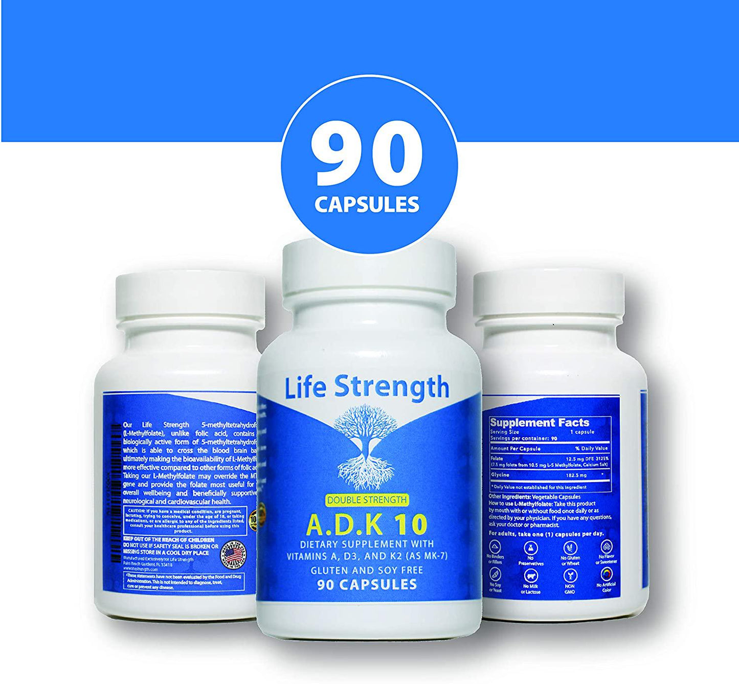 Life Strength ADK 10 Double Strength 90 CT Physician Formulated Vitamins A1, D3 and K2 (as MK7) Bone, Heart and Immune System Support Gluten Free, Soy Free, Non-GMO