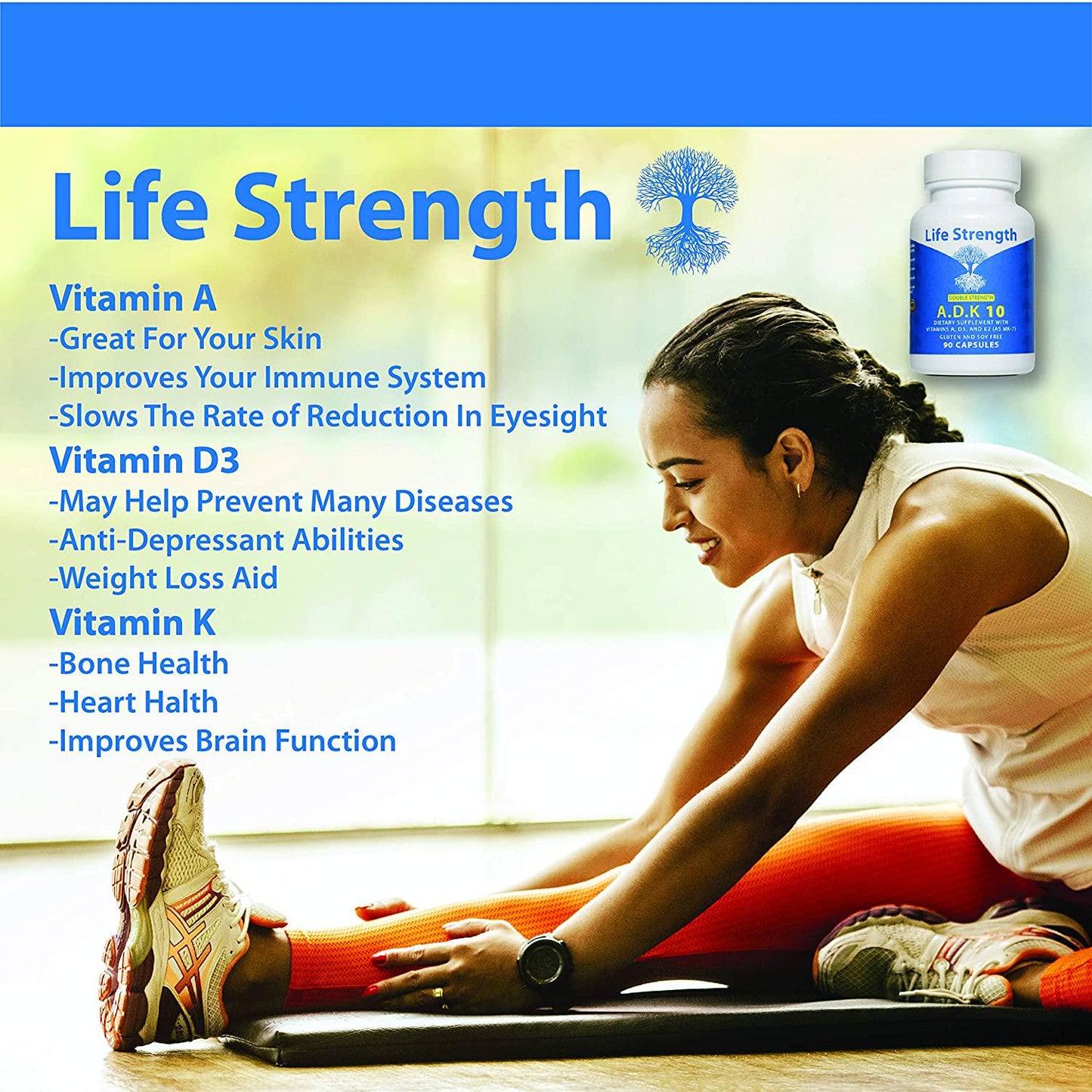 Life Strength ADK 10 Double Strength 90 CT Physician Formulated Vitamins A1, D3 and K2 (as MK7) Bone, Heart and Immune System Support Gluten Free, Soy Free, Non-GMO