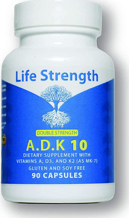 Life Strength ADK 10 Double Strength 90 CT Physician Formulated Vitamins A1, D3 and K2 (as MK7) Bone, Heart and Immune System Support Gluten Free, Soy Free, Non-GMO