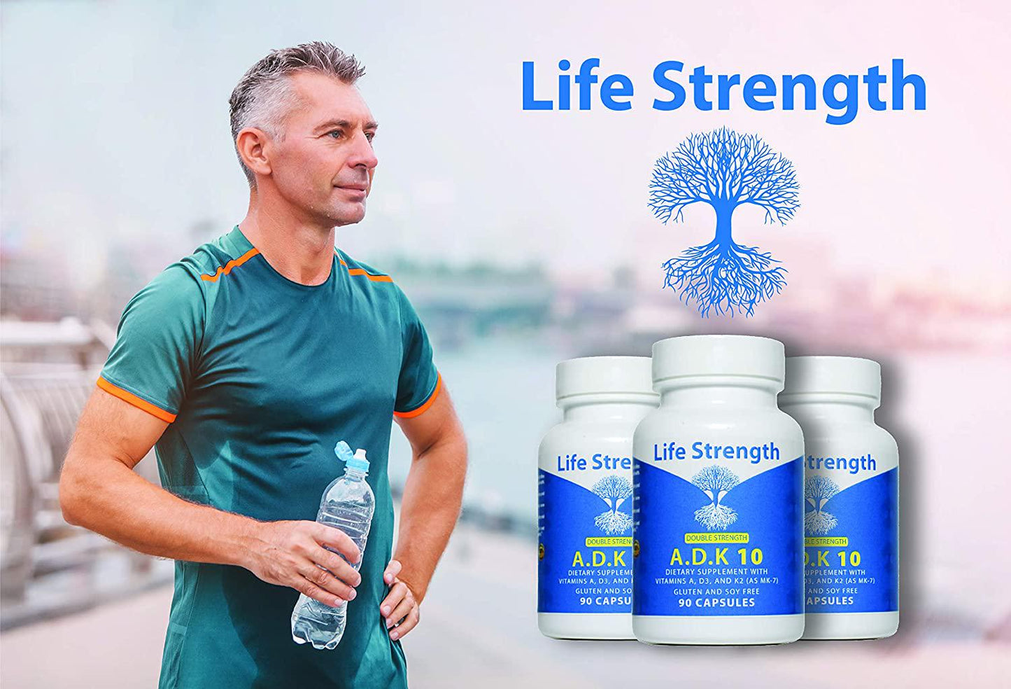 Life Strength ADK 10 Double Strength 90 CT Physician Formulated Vitamins A1, D3 and K2 (as MK7) Bone, Heart and Immune System Support Gluten Free, Soy Free, Non-GMO