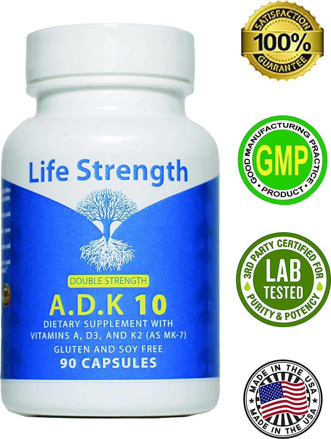 Life Strength ADK 10 Double Strength 90 CT Physician Formulated Vitamins A1, D3 and K2 (as MK7) Bone, Heart and Immune System Support Gluten Free, Soy Free, Non-GMO