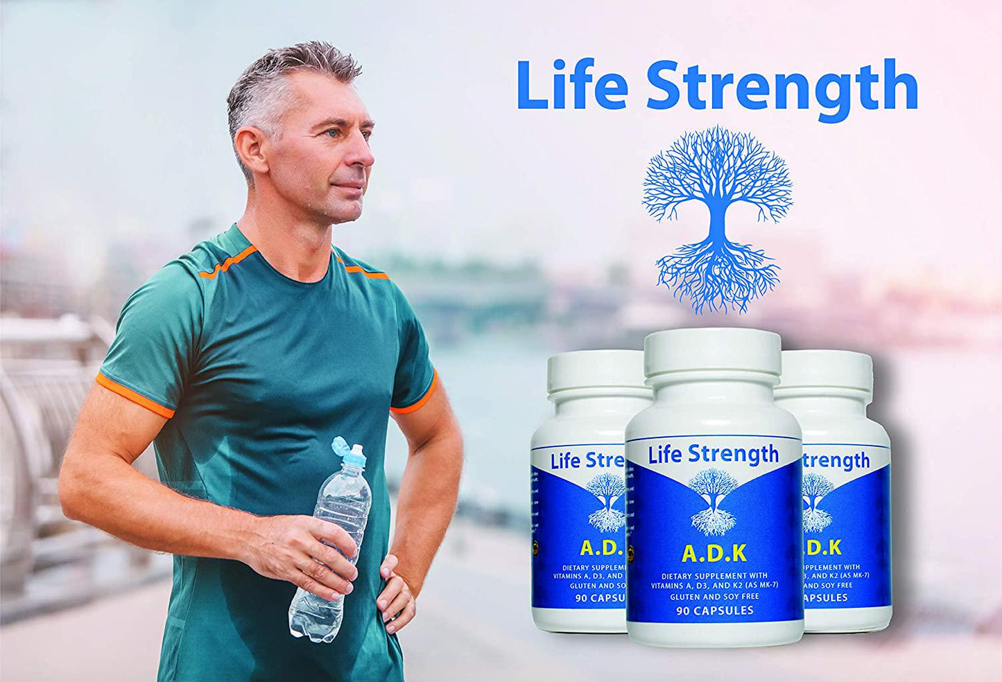 Life Strength ADK 90 CT Physician Formulated Vitamins A1, D3 and K2 (as MK7) Bone, Heart and Immune System Support Gluten Free, Soy Free, Non-GMO (90 CT)