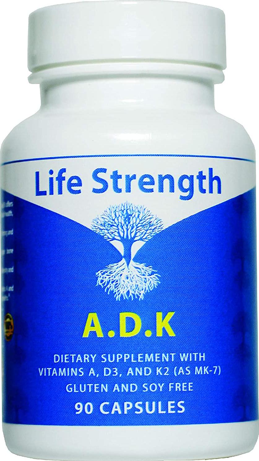 Life Strength ADK 90 CT Physician Formulated Vitamins A1, D3 and K2 (as MK7) Bone, Heart and Immune System Support Gluten Free, Soy Free, Non-GMO (90 CT)