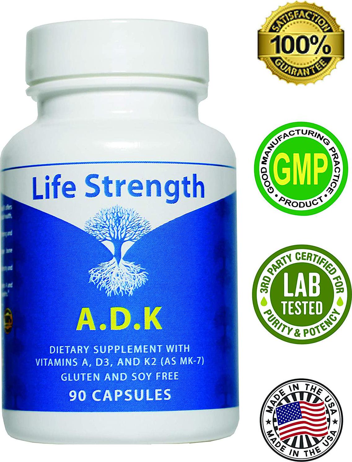 Life Strength ADK 90 CT Physician Formulated Vitamins A1, D3 and K2 (as MK7) Bone, Heart and Immune System Support Gluten Free, Soy Free, Non-GMO (90 CT)