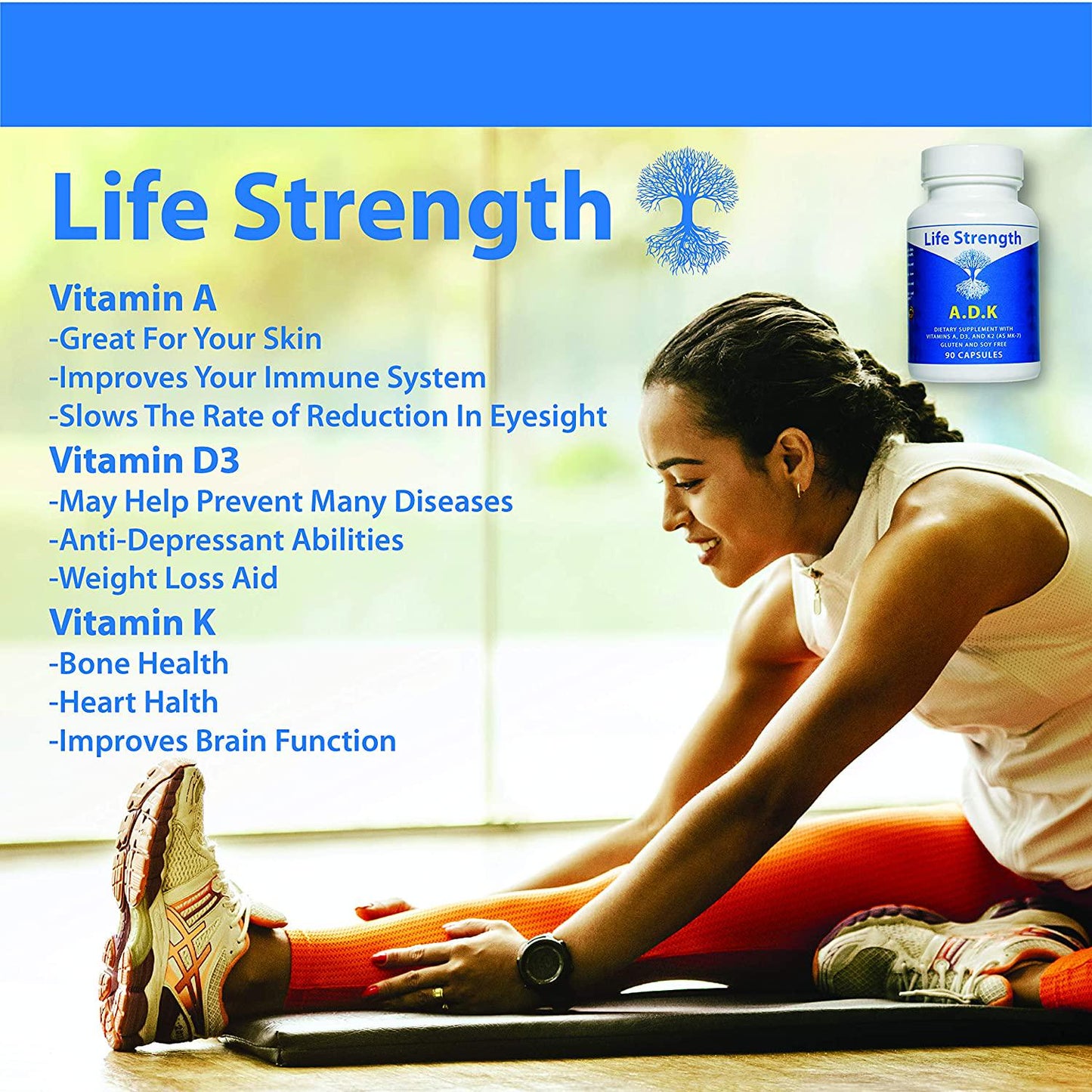 Life Strength ADK 90 CT Physician Formulated Vitamins A1, D3 and K2 (as MK7) Bone, Heart and Immune System Support Gluten Free, Soy Free, Non-GMO (90 CT)