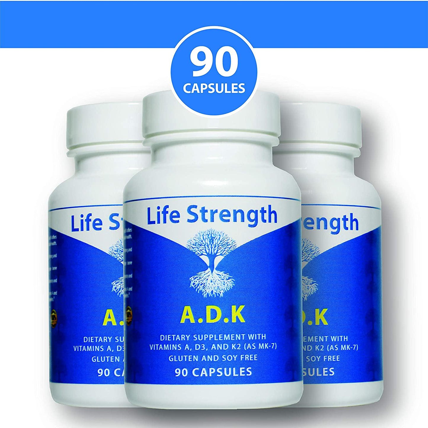 Life Strength ADK 90 CT Physician Formulated Vitamins A1, D3 and K2 (as MK7) Bone, Heart and Immune System Support Gluten Free, Soy Free, Non-GMO (90 CT)