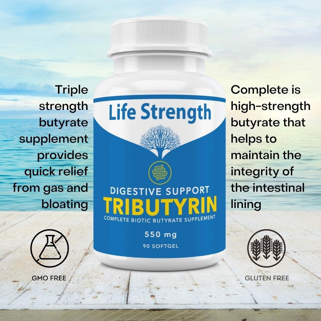 Life Strength Complete Biotic Butyrate Supplement, Tributyrin Based Butyric Acid Capsules. Postbiotic Support for Gut Health 90 CT (90 ct)