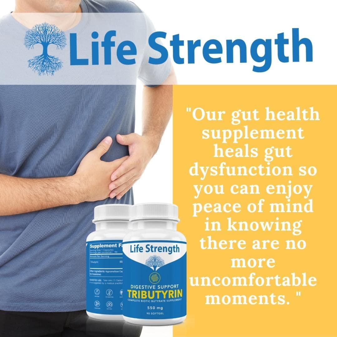 Life Strength Complete Biotic Butyrate Supplement, Tributyrin Based Butyric Acid Capsules. Postbiotic Support for Gut Health 90 CT (90 ct)