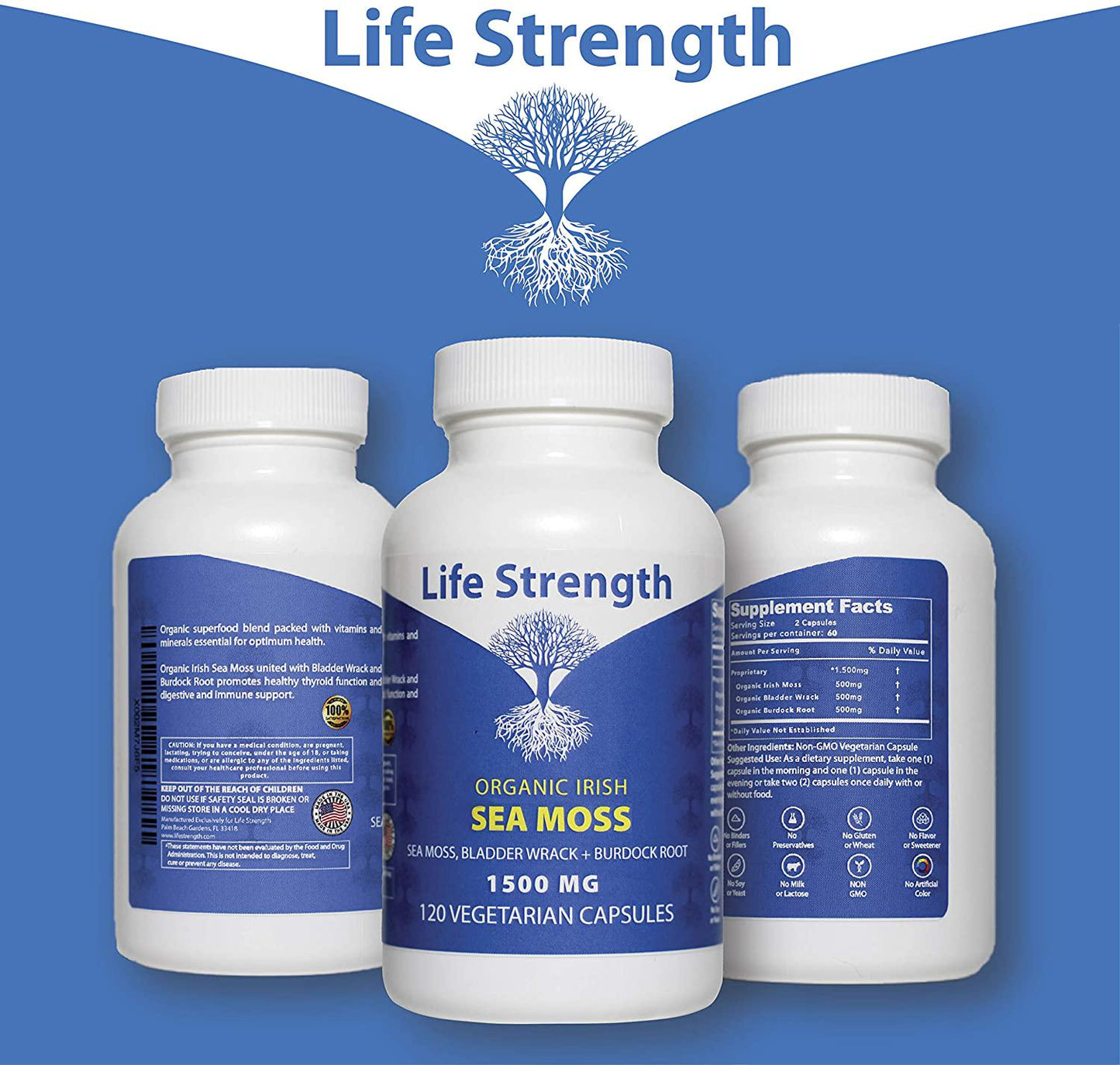Life Strength Organic Sea Moss 120 CT Wildcrafted Irish Sea Moss and Bladderwrack Burdock Root Finest Ingredients (1 Bottle 120 CT)