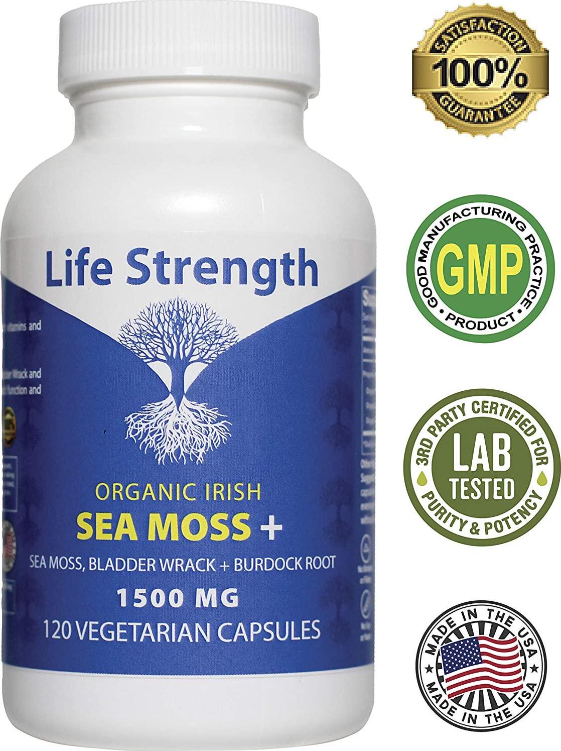 Life Strength Organic Sea Moss 120 CT Wildcrafted Irish Sea Moss and Bladderwrack Burdock Root Finest Ingredients (1 Bottle 120 CT)