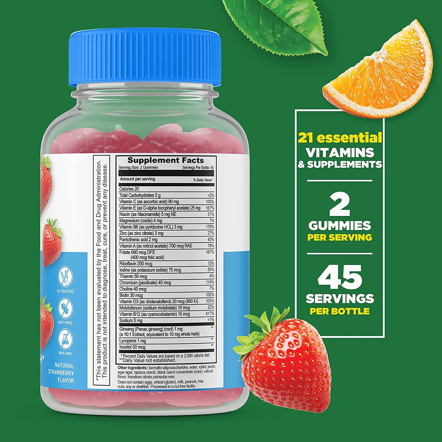 Lifeable Sugar Free Multivitamin for Men with Vitamin A, C, D, E, B3, Magnesium, B6, Zinc, Pantothenic Acid, Folate, B2, Iodine, Thiamin, Chromium, Choline, Biotin, Molybdenum, and B12 90 Gummies