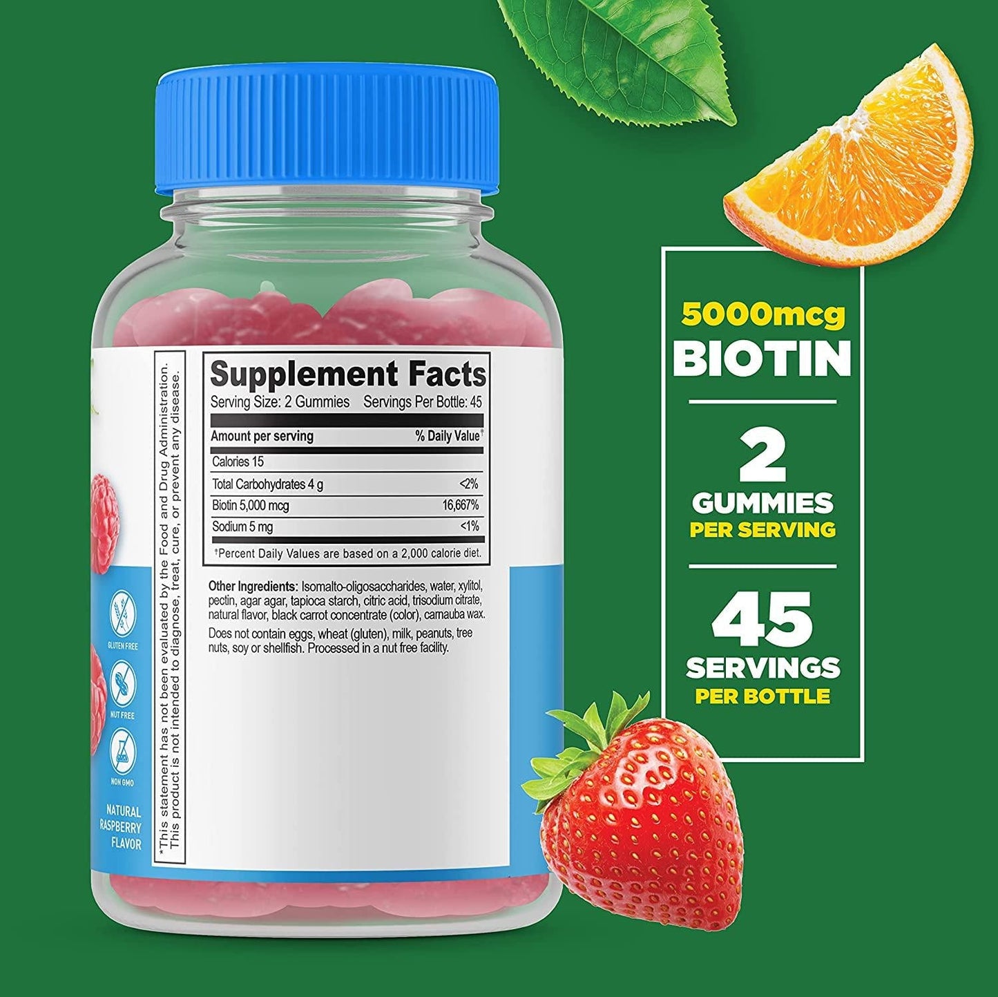 Lifeable Sugar Free Biotin Gummies 5000mcg Great Tasting Natural Flavor Supplement Vitamins Vegetarian GMO-free Chewable for Hair, Skin and Nails Support for Men, Women and Teens 90 Gummies