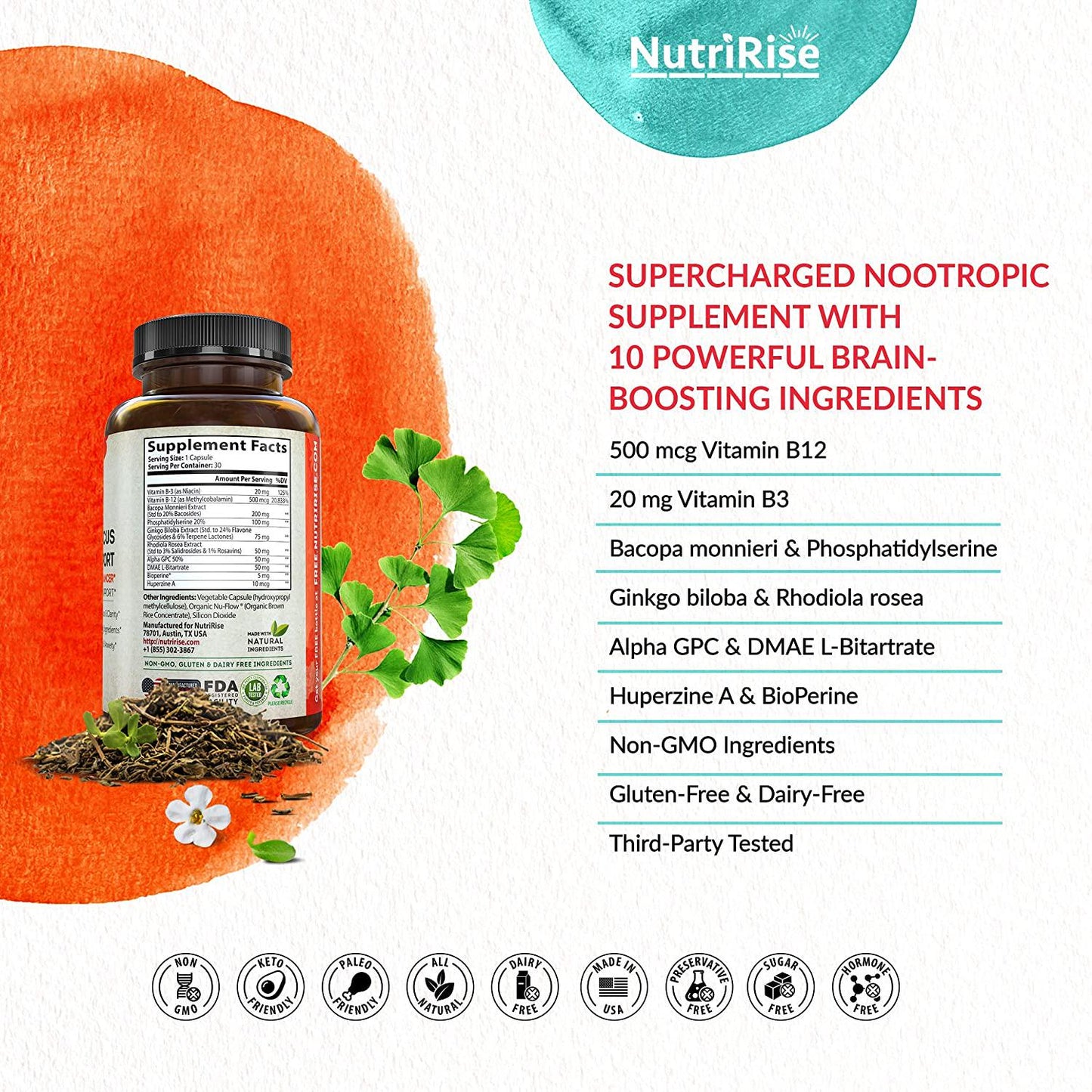 Limitless Focus Nootropic Supplement + Vitamin B-3 B-12, Ginkgo Biloba, Rhodiola Rosea, DMAE, Alpha GPC, Bacopa Monnieri - Energy, Memory and Brain Wellness Booster Complex Stress and Anxiety Relief Pills