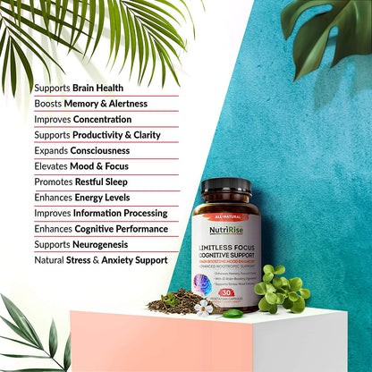 Limitless Focus Nootropic Supplement + Vitamin B-3 B-12, Ginkgo Biloba, Rhodiola Rosea, DMAE, Alpha GPC, Bacopa Monnieri - Energy, Memory and Brain Wellness Booster Complex Stress and Anxiety Relief Pills