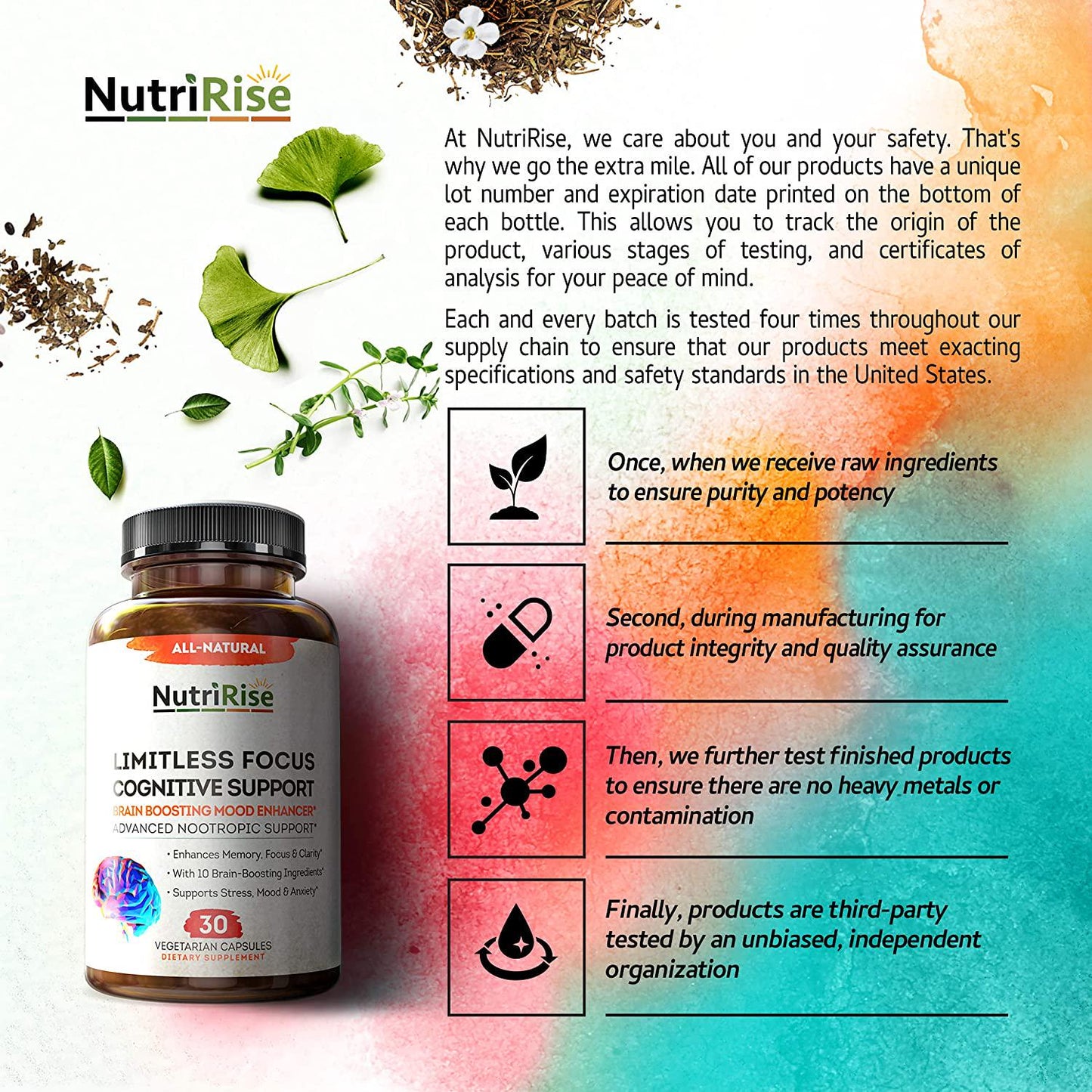 Limitless Focus Nootropic Supplement + Vitamin B-3 B-12, Ginkgo Biloba, Rhodiola Rosea, DMAE, Alpha GPC, Bacopa Monnieri - Energy, Memory and Brain Wellness Booster Complex Stress and Anxiety Relief Pills