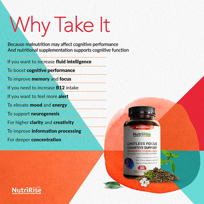 Limitless Focus Nootropic Supplement + Vitamin B-3 B-12, Ginkgo Biloba, Rhodiola Rosea, DMAE, Alpha GPC, Bacopa Monnieri - Energy, Memory and Brain Wellness Booster Complex Stress and Anxiety Relief Pills