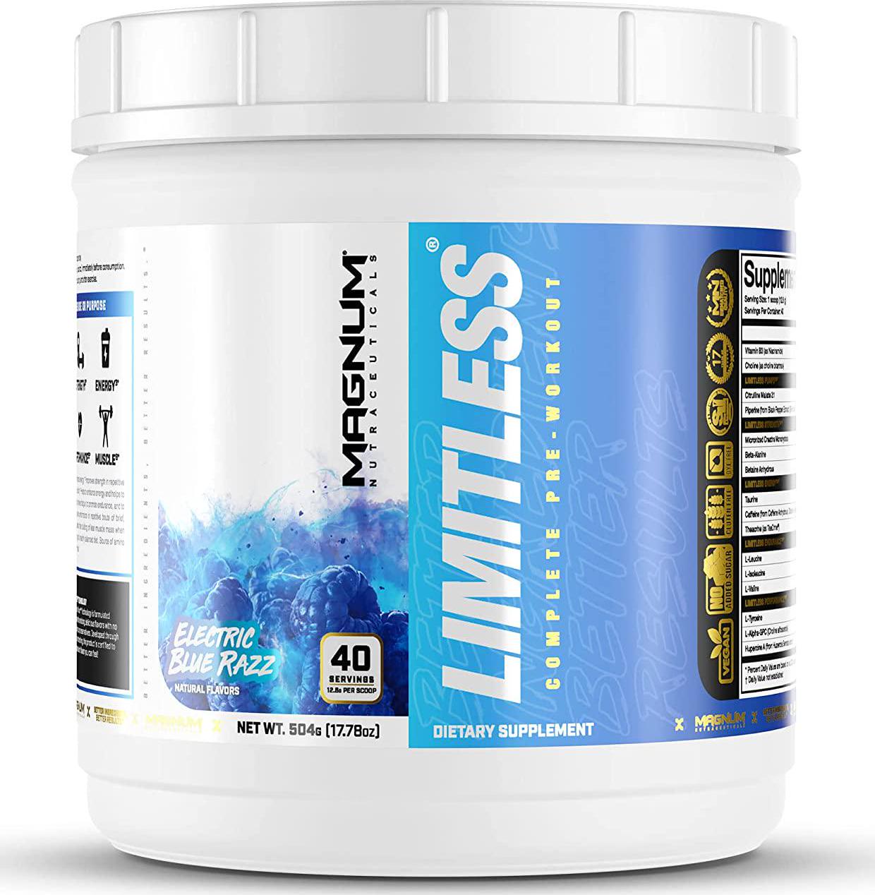 Limitless Pre Workout - Electric Blue Razz 40 Servings - Magnum Nutraceuticals, All in One Pre Workout Powder for Men and Women for Energy, Strength, Pumps, Endurance Focus