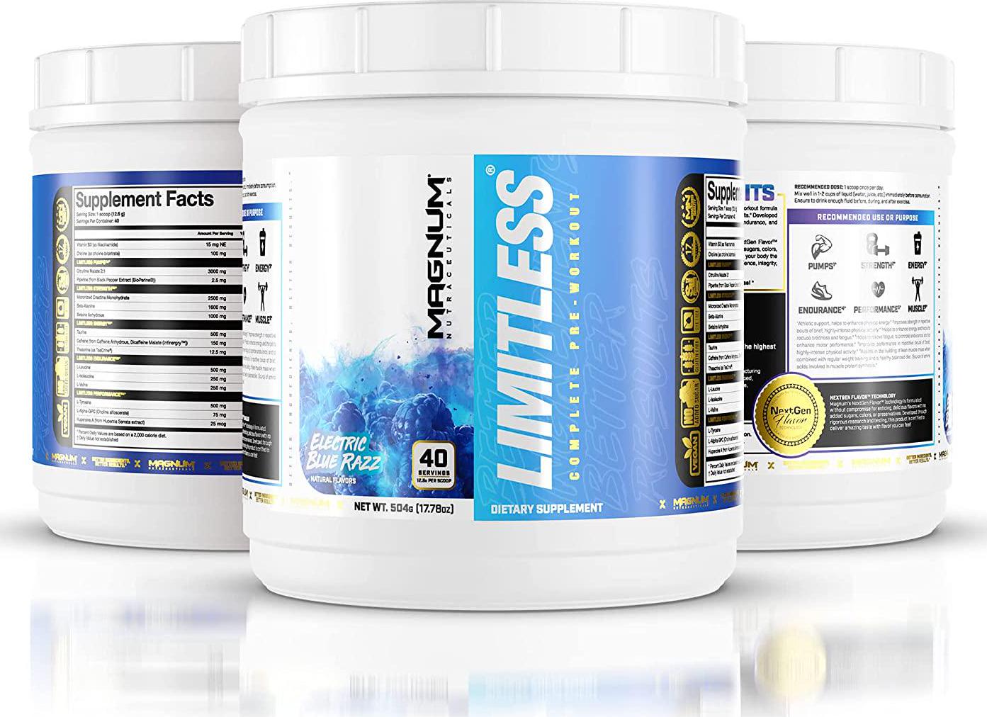 Limitless Pre Workout - Electric Blue Razz 40 Servings - Magnum Nutraceuticals, All in One Pre Workout Powder for Men and Women for Energy, Strength, Pumps, Endurance Focus