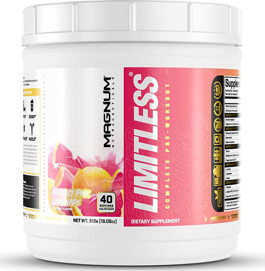 Limitless Pre Workout - Perfect Pink Lemonade 40 Servings - Magnum Nutraceuticals, All in One Pre Workout Powder for Men and Women for Energy, Strength, Pumps, Endurance Focus