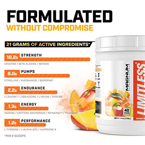 Limitless Pre Workout - Peach Mango Rush 40 Servings - Magnum Nutraceuticals, All in One Pre Workout Powder for Men and Women for Energy, Strength, Pumps, Endurance Focus
