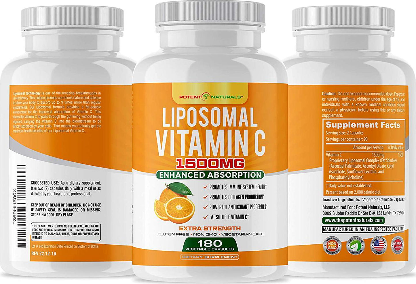 Liposomal Vitamin C 1500mg -180 Vegan Capsules - Vitamin C, Fat Soluble Vitamin C, High Dose Ascorbic Acid, Collagen Booster, Antioxidant and Immune Support Vitamins, Non GMO - Lypo spheric