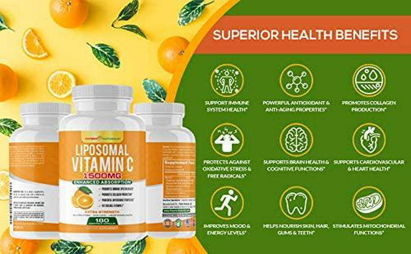 Liposomal Vitamin C 1500mg -180 Vegan Capsules - Vitamin C, Fat Soluble Vitamin C, High Dose Ascorbic Acid, Collagen Booster, Antioxidant and Immune Support Vitamins, Non GMO - Lypo spheric