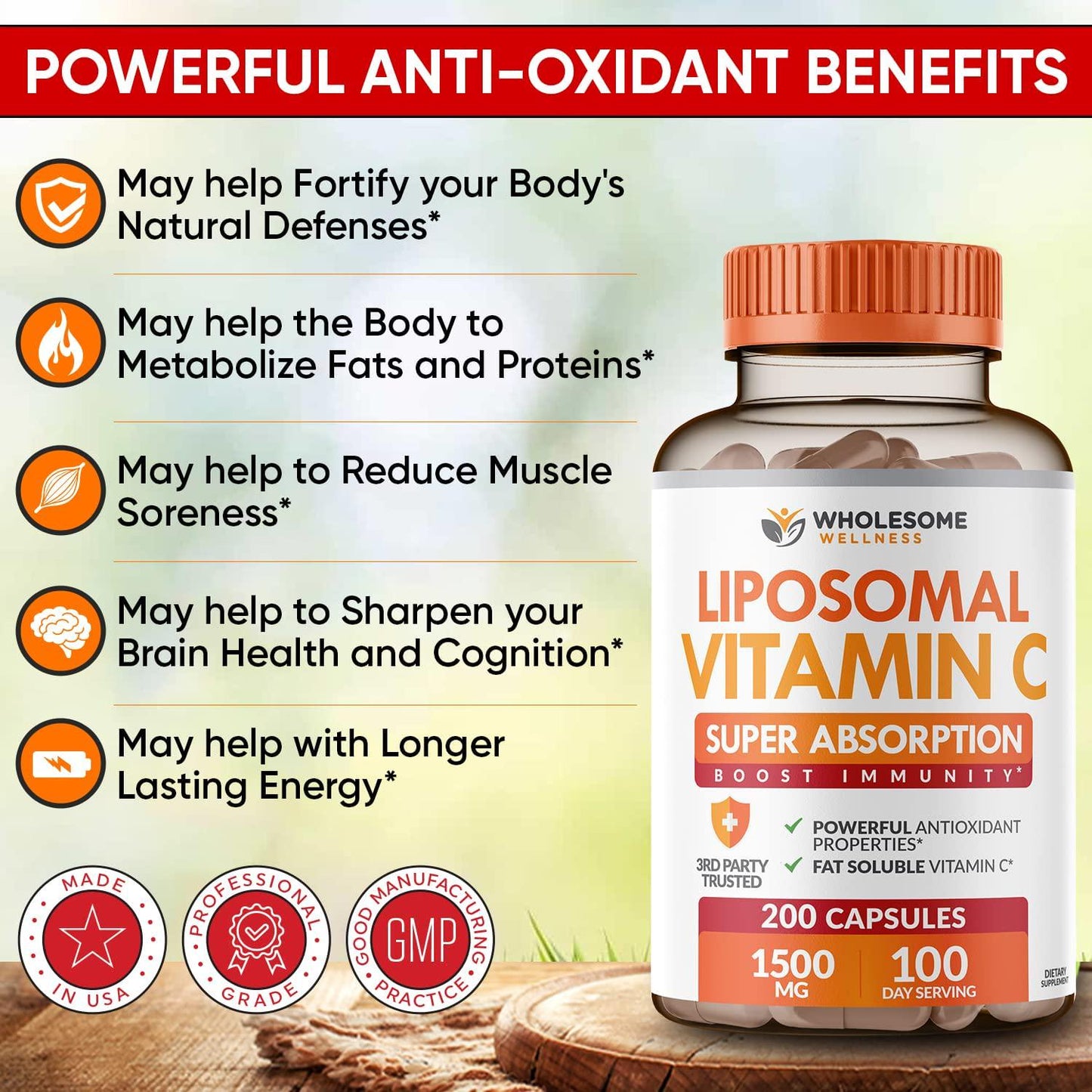 Liposomal Vitamin C - 200 Capsules 1500mg - Natural High Absorption Ascorbic Acid - Supports Immune System and Collagen Booster - Powerful Antioxidant High Dose Fat Soluble Supplement - Lypo Spheric