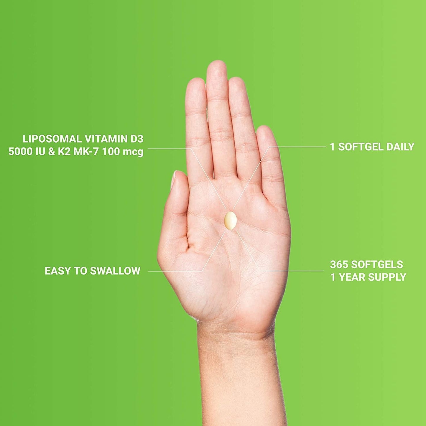 Liposomal Vitamin D3 K2 MK7-365 Softgels | VIT D3 5000 IU + K2 100 mcg with Organic Coconut Oil - K2 D3 Vitamin Supplement - Vitamin D and K Support Immune, Bone, Heart, Mood - Non GMO Gluten Free