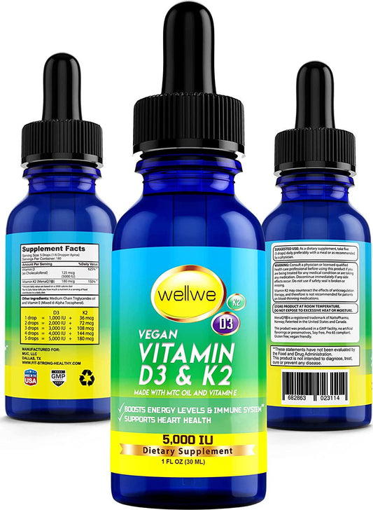 Liquid Vitamin D3 K2 Drops with MCT Oil 5000 IU - Vegan, No Taste, No Odor, Soy-Free, Gluten Free, Non-GMO, 1000 IU per Drop, Boosts Energy Levels and Immune System, Supports Heart and Bones Health (1)