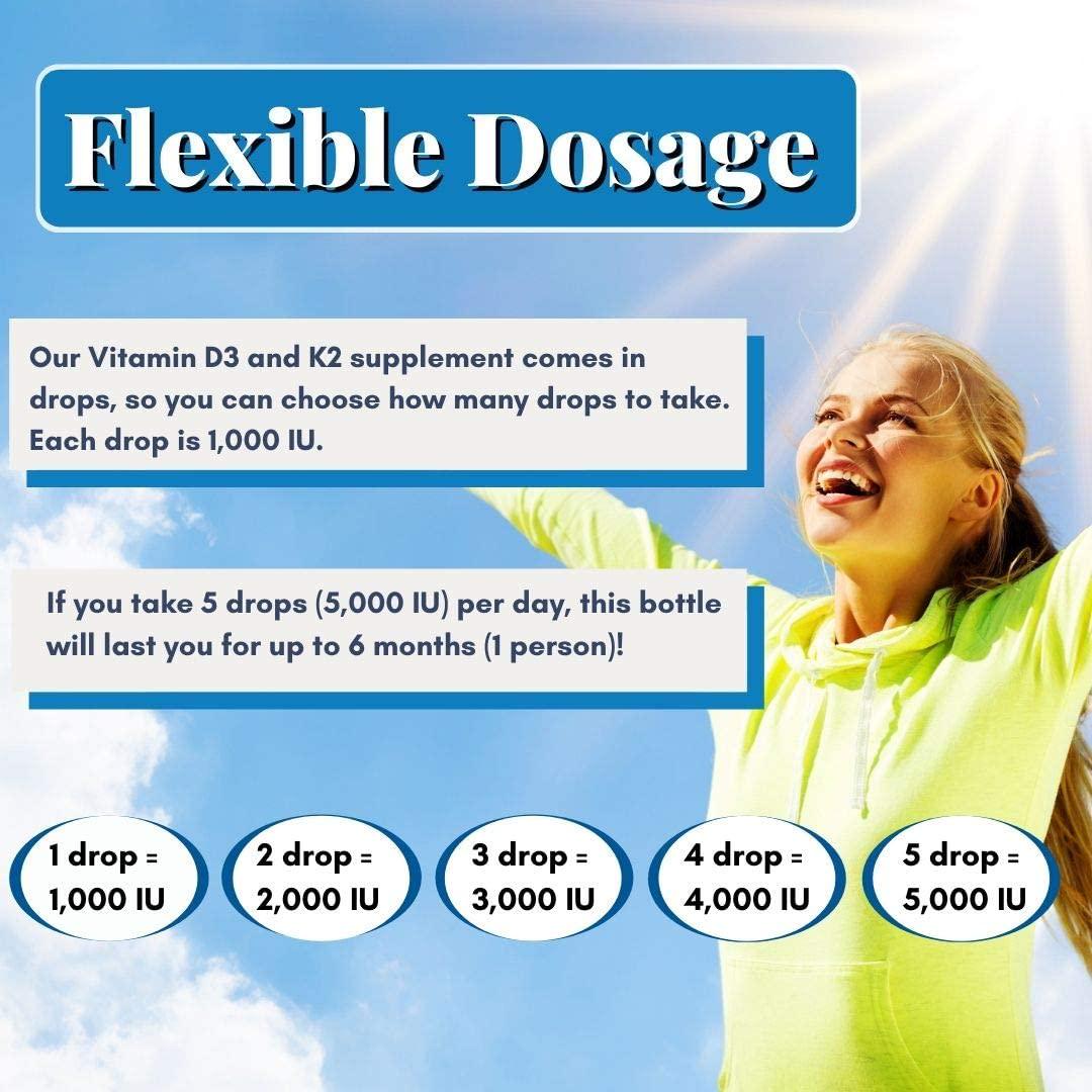 Liquid Vitamin D3 K2 Drops with MCT Oil 5000 IU - Vegan, No Taste, No Odor, Soy-Free, Gluten Free, Non-GMO, 1000 IU per Drop, Boosts Energy Levels and Immune System, Supports Heart and Bones Health (1)