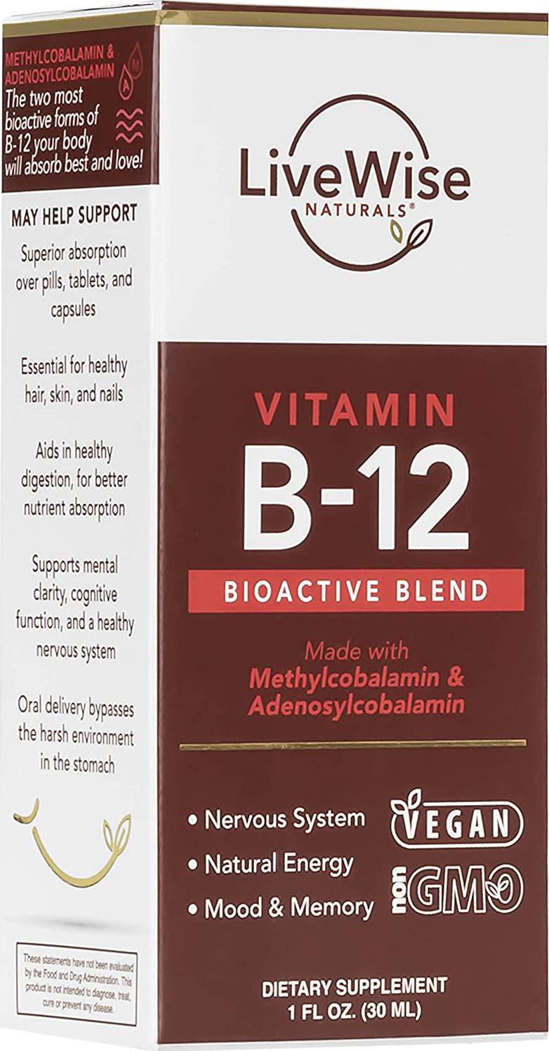 Live Wise Naturals Liquid B12 Vitamin Sublingual – All-Natural Liquid Vitamin Vegan B12 Drops – Non-GMO Adenosylcobalamin Methylcobalamin B12 Supplement – Boost Your Immune System, Metabolism, Energy and Focus 1 Ounce Unflavored (180 servings)