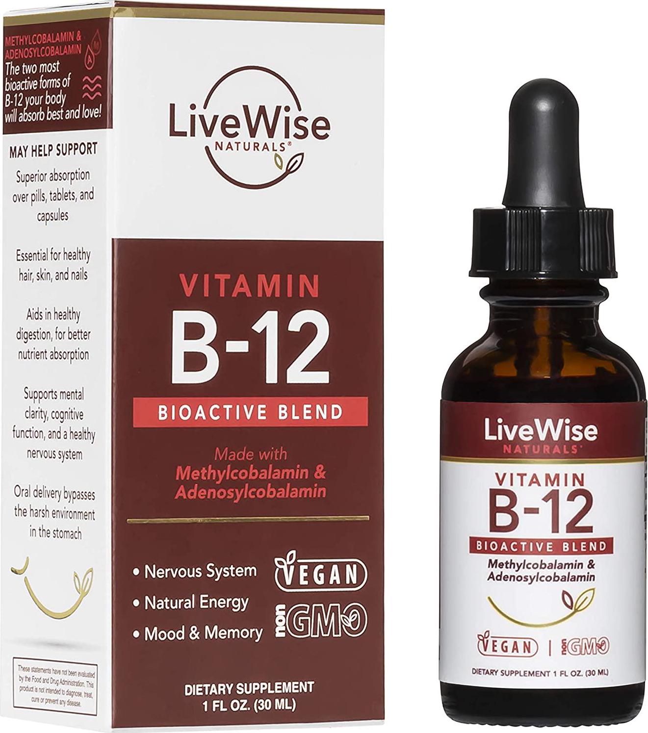 Live Wise Naturals Liquid B12 Vitamin Sublingual – All-Natural Liquid Vitamin Vegan B12 Drops – Non-GMO Adenosylcobalamin Methylcobalamin B12 Supplement – Boost Your Immune System, Metabolism, Energy and Focus 1 Ounce Unflavored (180 servings)