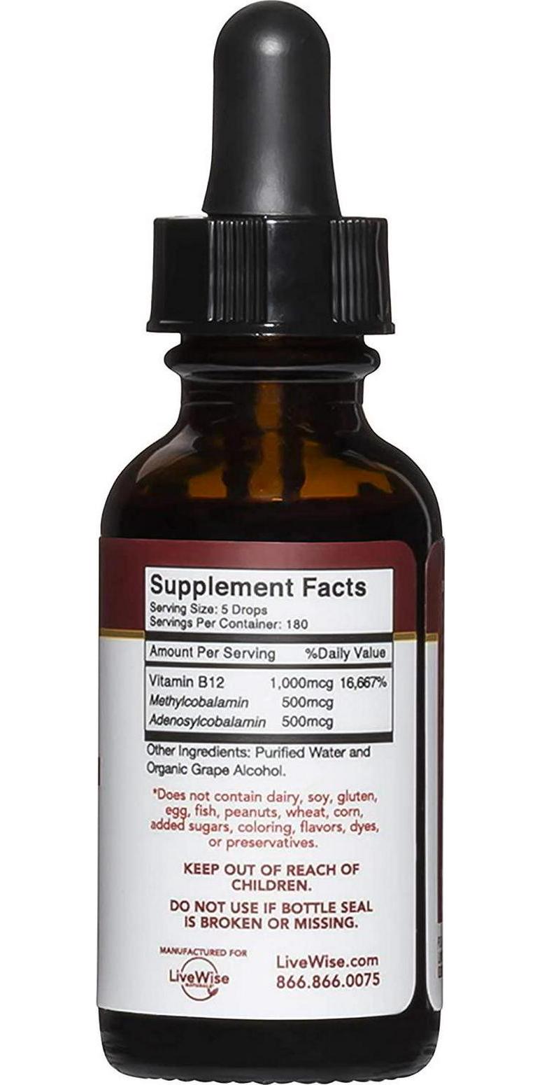 Live Wise Naturals Liquid B12 Vitamin Sublingual – All-Natural Liquid Vitamin Vegan B12 Drops – Non-GMO Adenosylcobalamin Methylcobalamin B12 Supplement – Boost Your Immune System, Metabolism, Energy and Focus 1 Ounce Unflavored (180 servings)