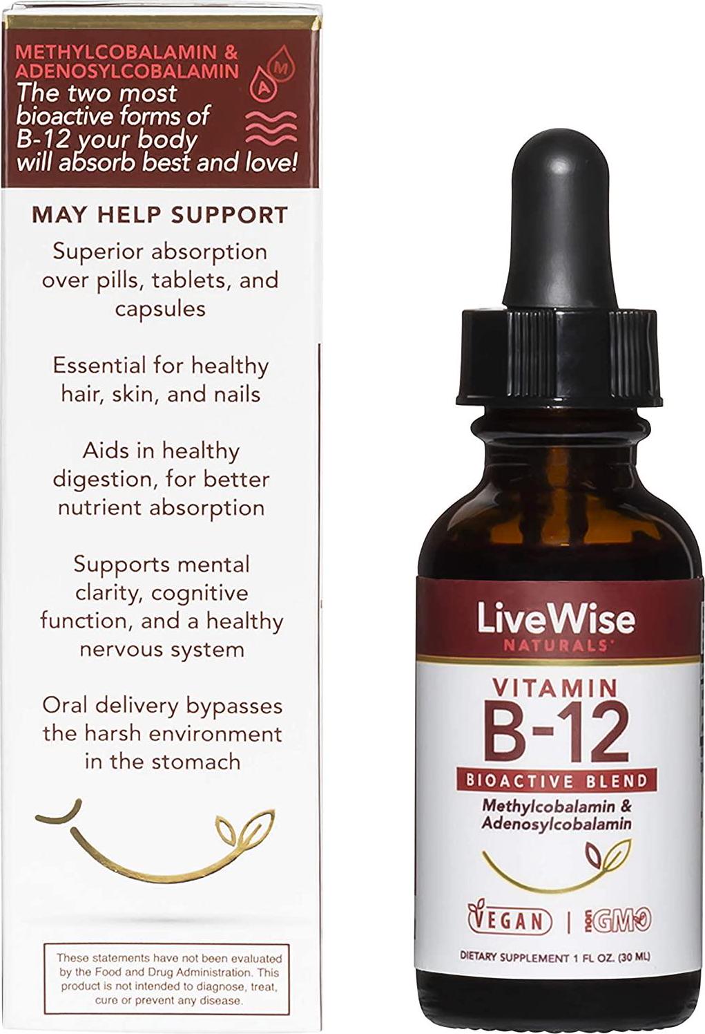 Live Wise Naturals Liquid B12 Vitamin Sublingual – All-Natural Liquid Vitamin Vegan B12 Drops – Non-GMO Adenosylcobalamin Methylcobalamin B12 Supplement – Boost Your Immune System, Metabolism, Energy and Focus 1 Ounce Unflavored (180 servings)