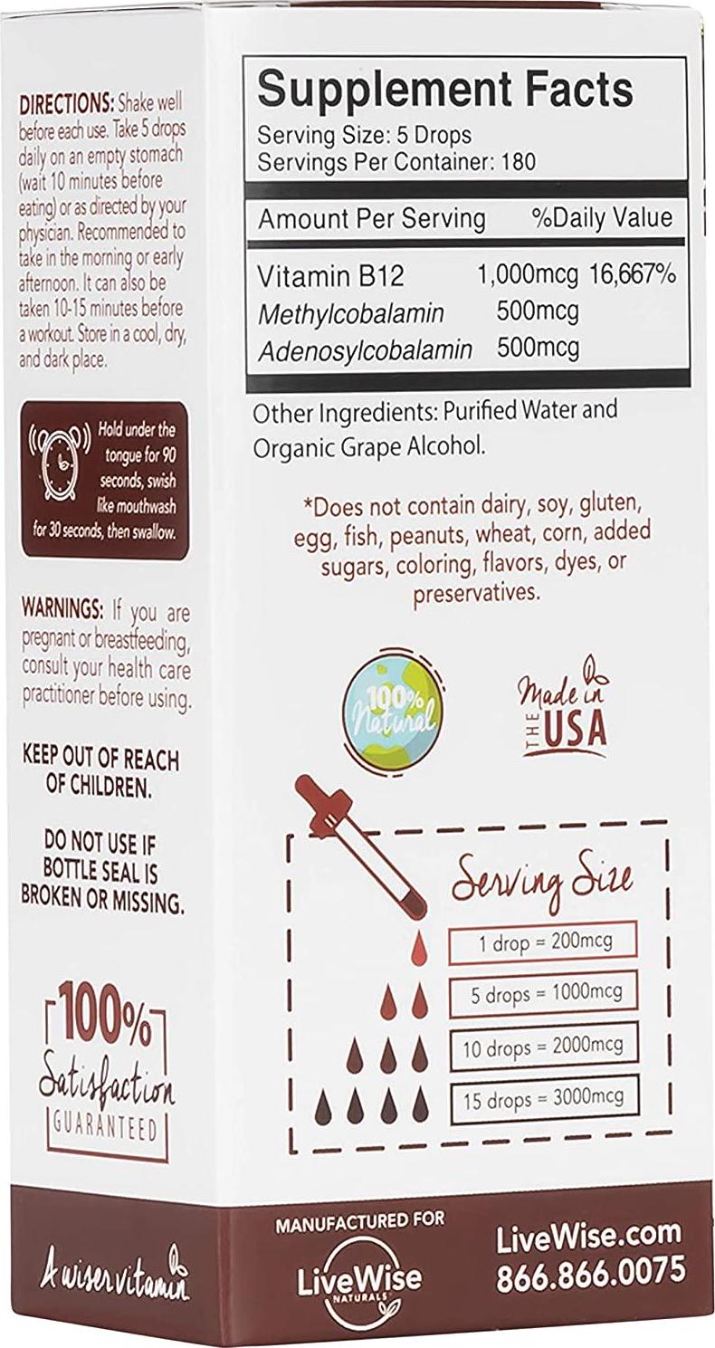 Live Wise Naturals Liquid B12 Vitamin Sublingual – All-Natural Liquid Vitamin Vegan B12 Drops – Non-GMO Adenosylcobalamin Methylcobalamin B12 Supplement – Boost Your Immune System, Metabolism, Energy and Focus 1 Ounce Unflavored (180 servings)