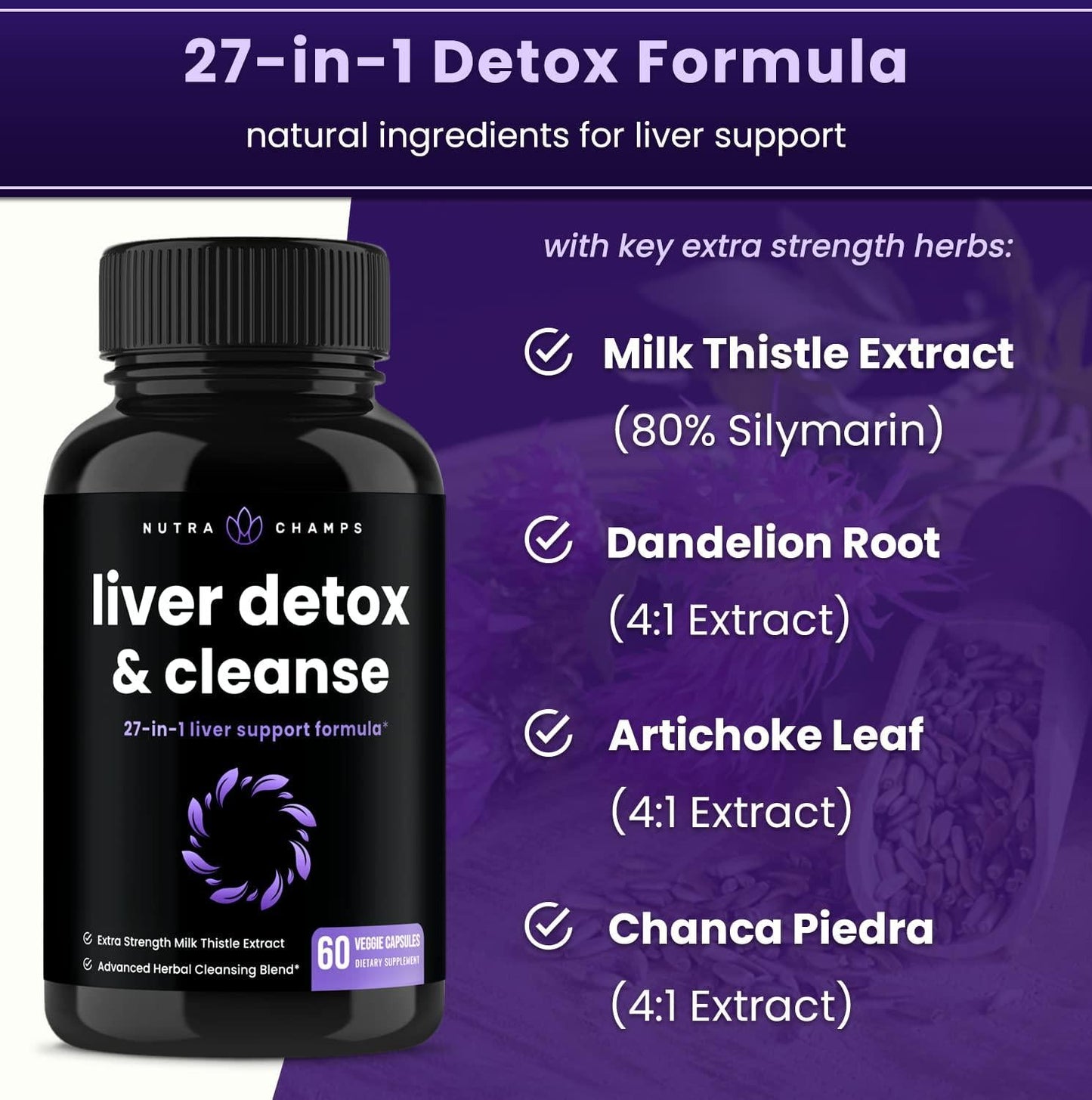 Liver Cleanse Detox and Repair Formula | 25+ Herbs: Milk Thistle Extract with Silymarin, Artichoke, Dandelion, Chicory Root Powder and More! | Premium Liver Support Pills Supplement, 60 Capsules