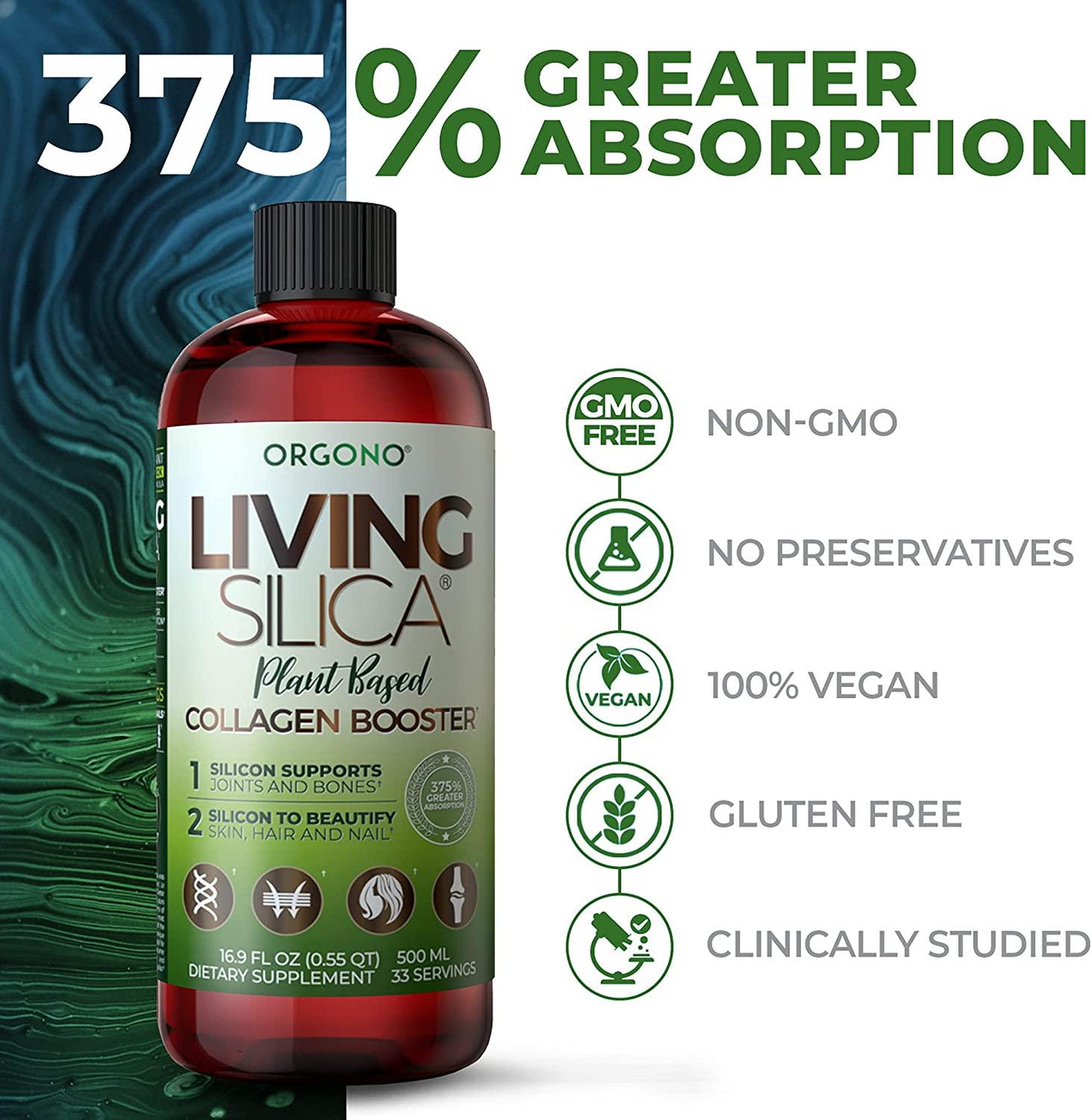 Living Silica Plant Based Collagen Booster | Vegan Collagen Booster | Supports Healthy Collagen and Elastin Production for Joint and Bone Support, Glowing Skin, Strong Hair and Nails 500 ml