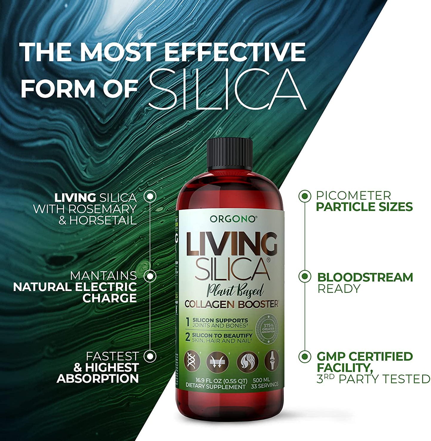 Living Silica Plant Based Collagen Booster | Vegan Collagen Booster | Supports Healthy Collagen and Elastin Production for Joint and Bone Support, Glowing Skin, Strong Hair and Nails 500 ml