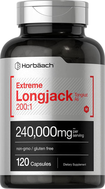 Longjack Tongkat Ali | 240,000 mg (200:1 Potent Extract) | 120 Capsules | Extreme Male Performance Supplement | Super Concentrated Herbal Extract Formula | Non-GMO and Gluten Free Pills | by Horbaach