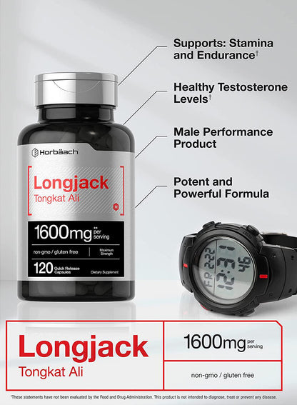 Longjack Tongkat Ali 1600 mg | 120 Capsules | Longifolia Root Extract Powder | Testosterone Formula | Non-GMO, Gluten Free | by Horbaach