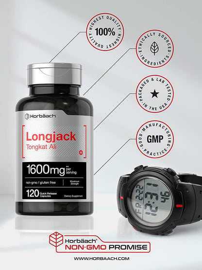 Longjack Tongkat Ali 1600 mg | 120 Capsules | Longifolia Root Extract Powder | Testosterone Formula | Non-GMO, Gluten Free | by Horbaach