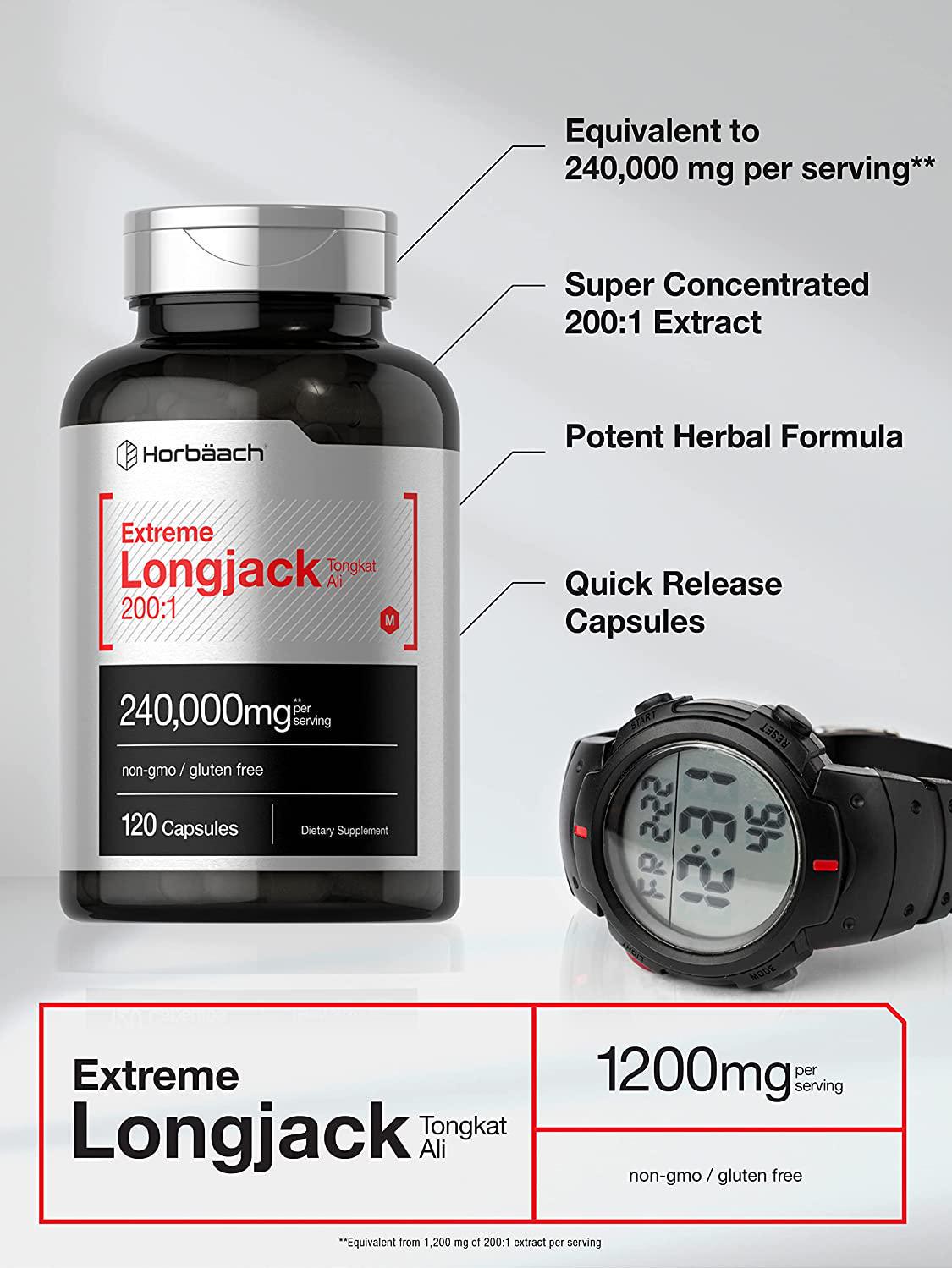 Longjack Tongkat Ali | 240,000 mg (200:1 Potent Extract) | 120 Capsules | Extreme Male Performance Supplement | Super Concentrated Herbal Extract Formula | Non-GMO and Gluten Free Pills | by Horbaach