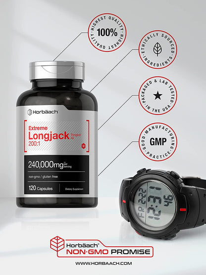 Longjack Tongkat Ali | 240,000 mg (200:1 Potent Extract) | 120 Capsules | Extreme Male Performance Supplement | Super Concentrated Herbal Extract Formula | Non-GMO and Gluten Free Pills | by Horbaach